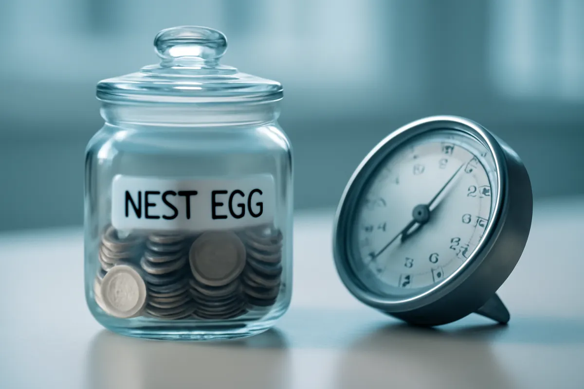 A glass jar of coins beside a round dial gauge turned toward a higher setting on a calm desk with blue accents