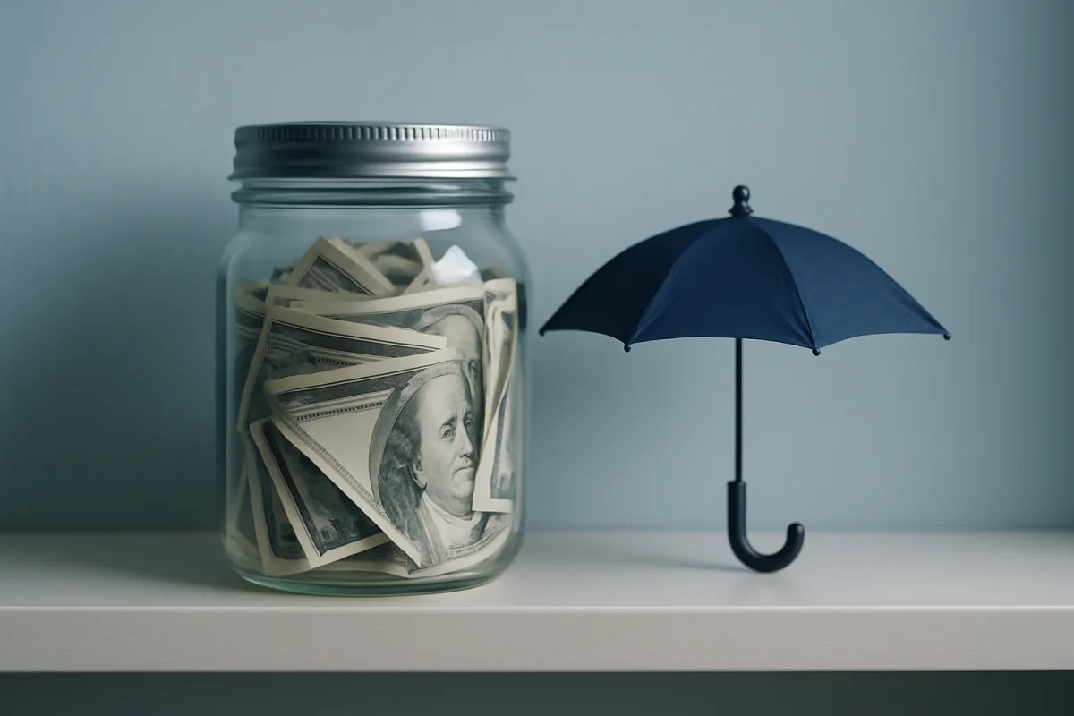 A jar of cash on a shelf beside a small umbrella