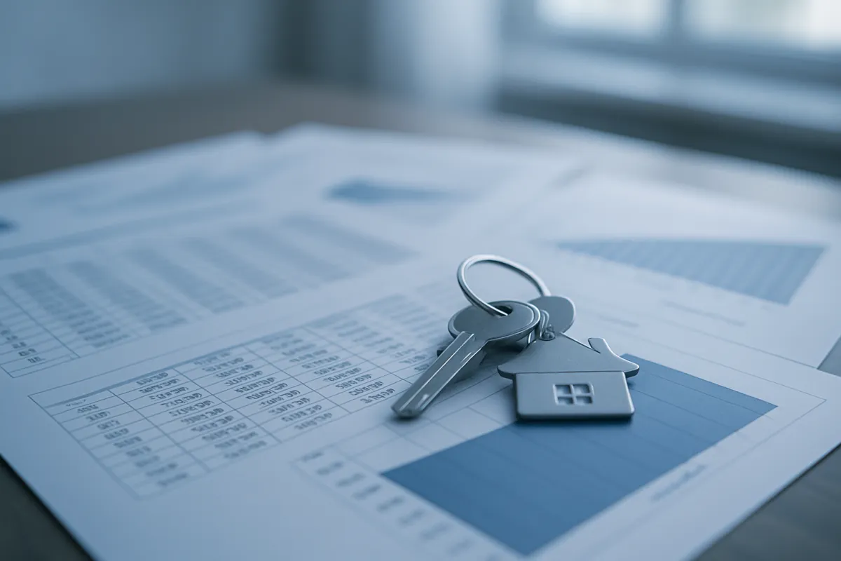 House keys resting on amortization schedule papers and payoff charts with a blue tint