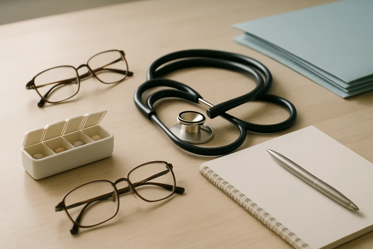 Two pairs of brown-framed reading glasses, a compartmented pill organizer, a coiled black stethoscope, a blank spiral notepad with a silver pen and a stack of pale blue folders on a light wooden table
