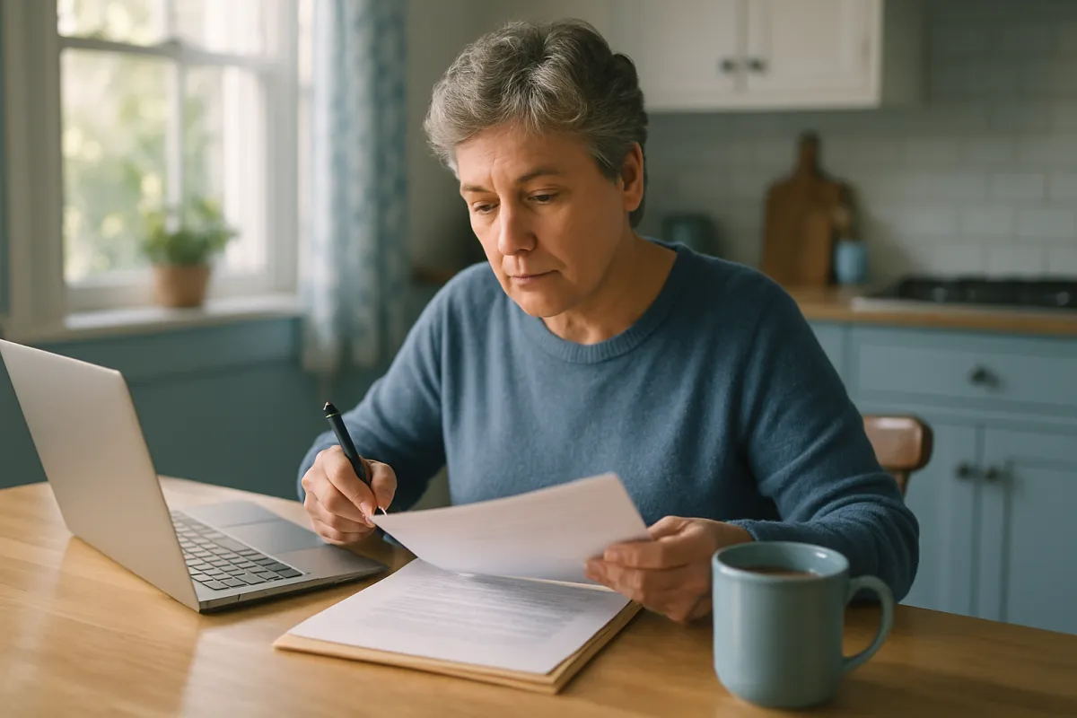 A woman with grey hair in a blue sweater sitting at a sunlit kitchen table with a laptop, holding a printed page over an open folder of papers with a pen in hand