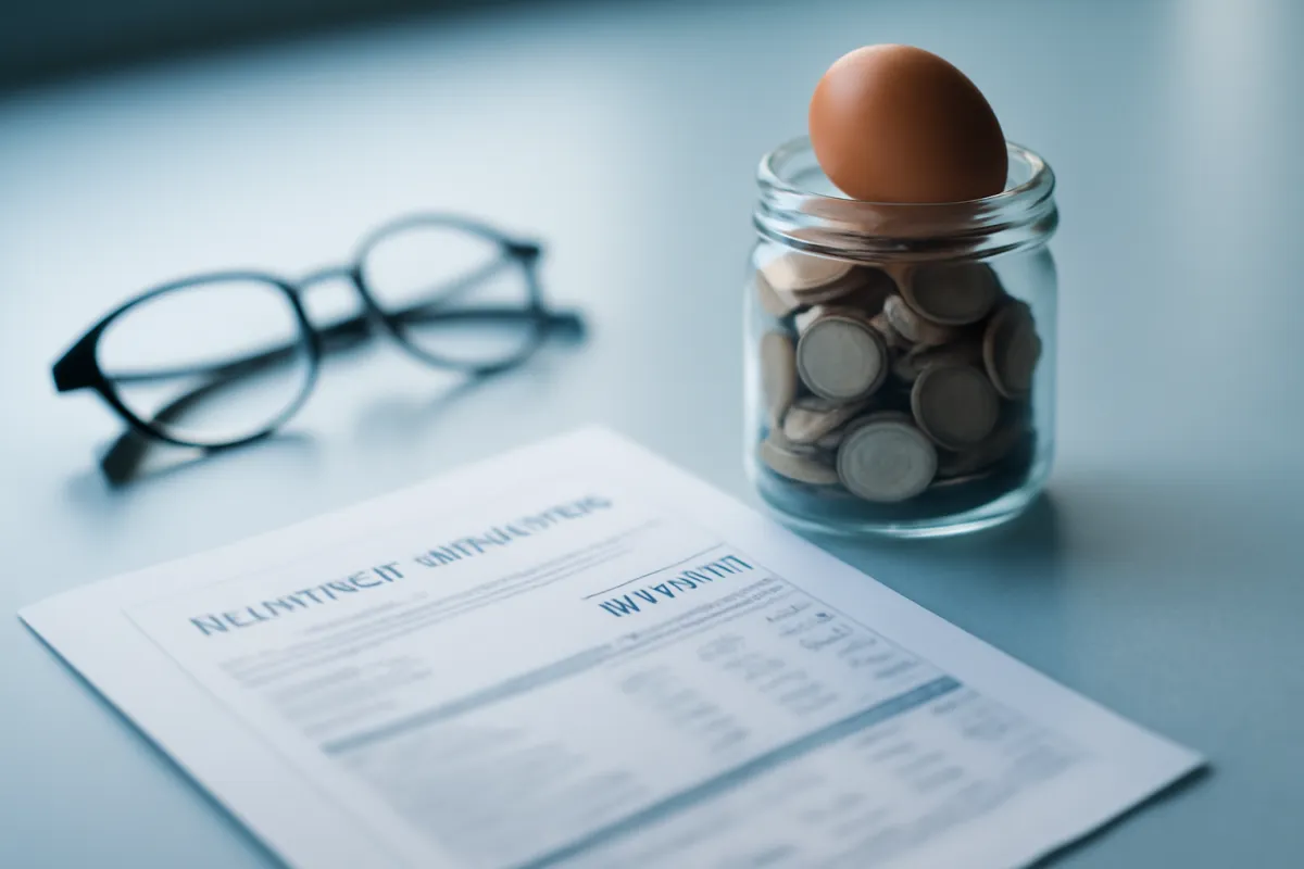 A retirement account statement, a jar of coins topped with an egg, and reading glasses on a calm desk with blue accents