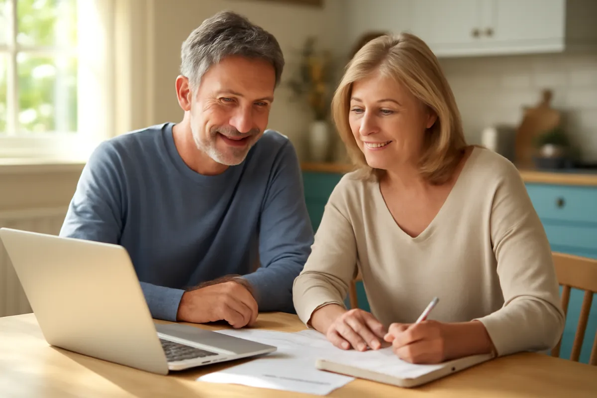 Two adults sitting side by side at a wooden kitchen table with an open laptop, loose printed sheets and a notebook, one of them writing with a pen