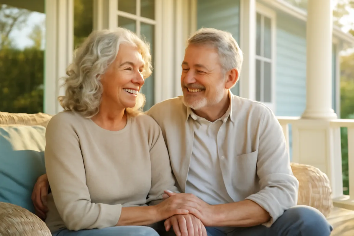 A relaxed couple around 65 enjoying retirement together on a sunlit porch