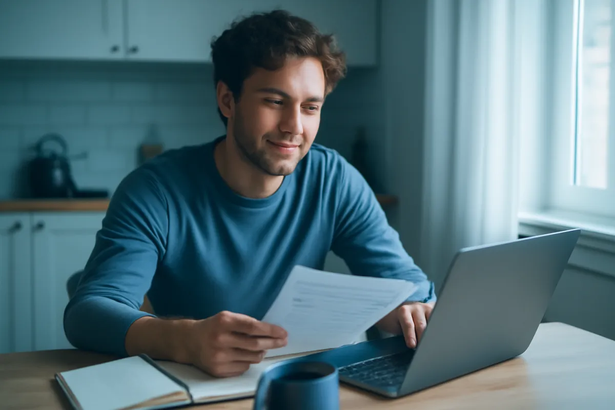 A hopeful young person reviewing personal finances on a laptop at a kitchen table in soft daylight