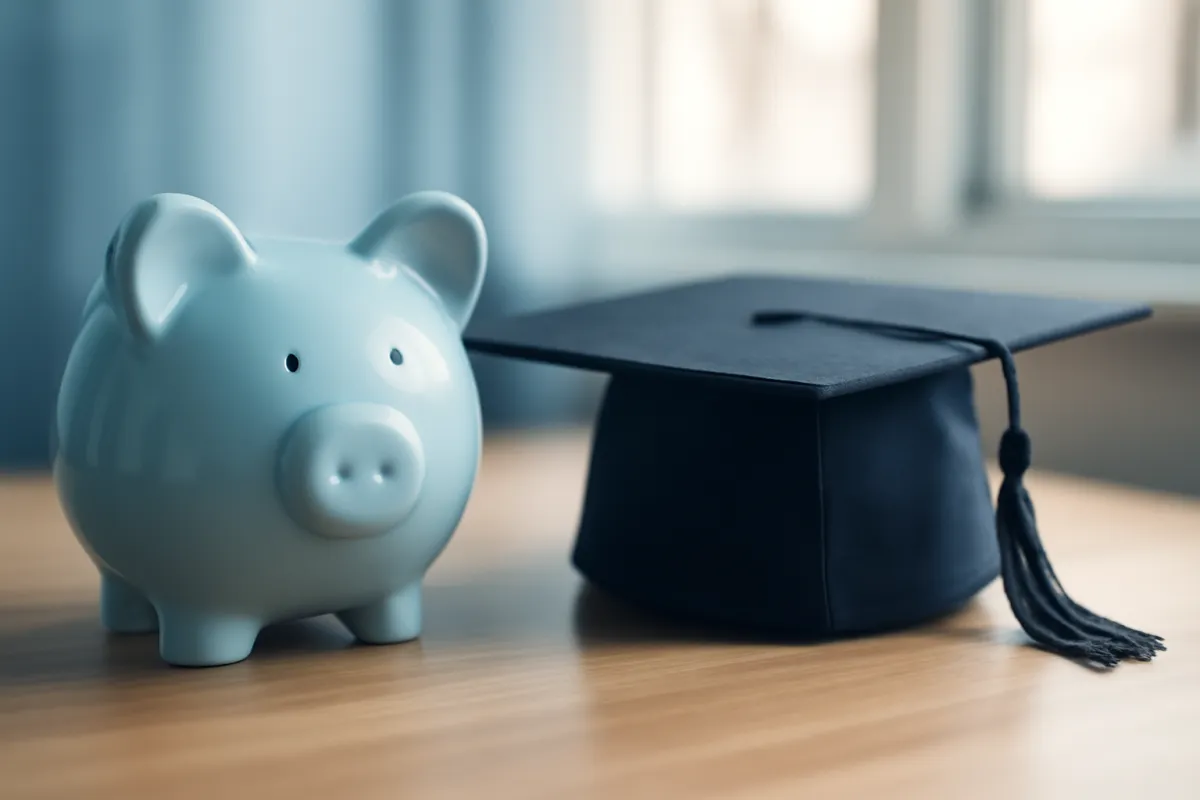 A ceramic piggy bank beside a black graduation cap on a wooden desk in soft blue light