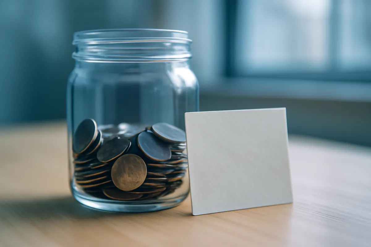 A glass jar half filled with coins beside a blank goal card on a wooden desk