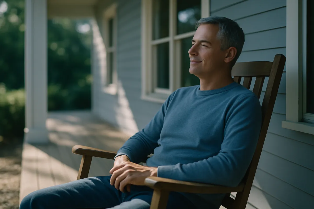 A person in their early fifties relaxing on a sunlit porch, calm and financially secure