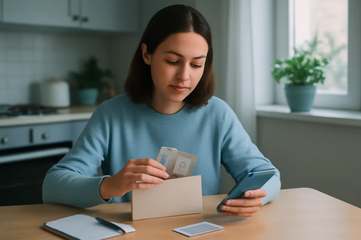 A person adding cash into a savings envelope while checking a savings balance on a phone