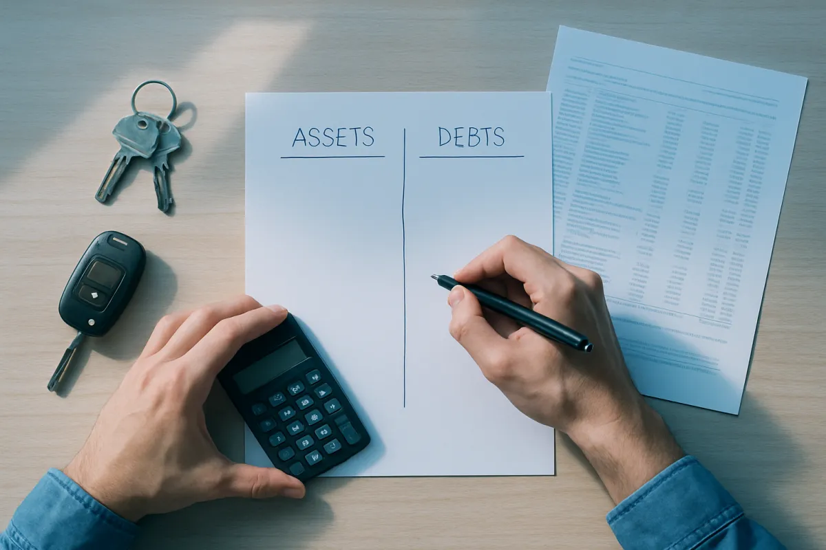 A person tallying assets and debts on paper at a desk with a calculator, house keys, and a bank statement