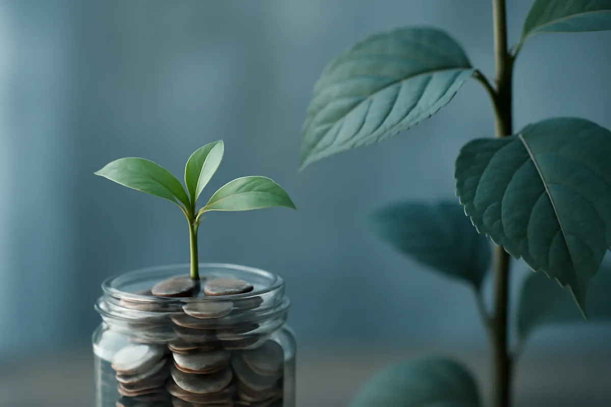 A green seedling growing from a jar of coins beside a larger established plant in cool light