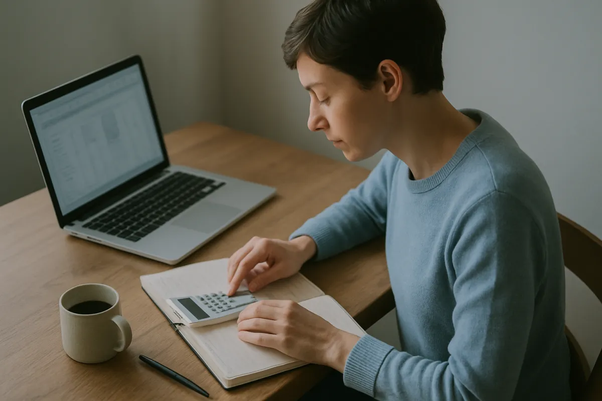 A person budgeting at a table with an open laptop and a paper notebook