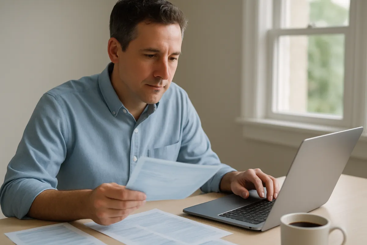 A calm person managing retirement account paperwork on a laptop at a tidy desk in soft natural light