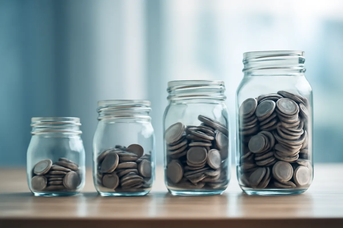 A row of glass jars holding steadily more coins on a table, suggesting the birth-year schedule that sets the Social Security full retirement age