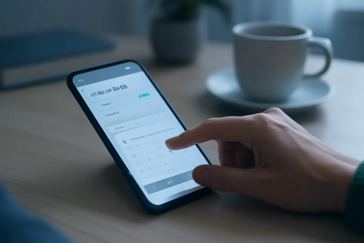 A person tapping a smartphone to schedule an automatic monthly bank transfer