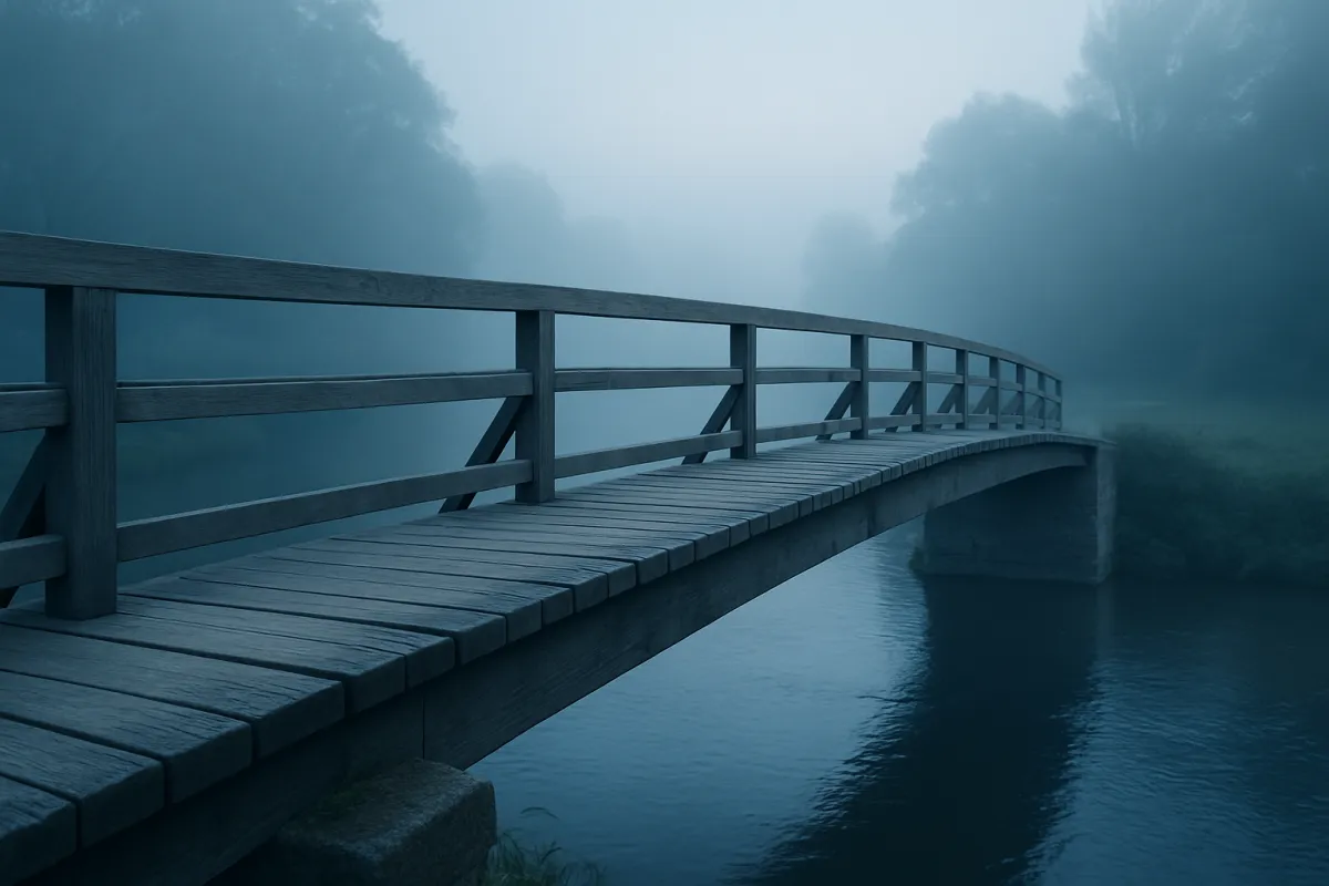 A curved wooden footbridge with a plank deck and rail crossing calm water in heavy mist, with trees faintly visible on the far bank