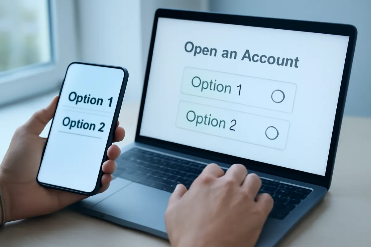 Hands comparing two account options on a laptop and a phone side by side on a clean desk