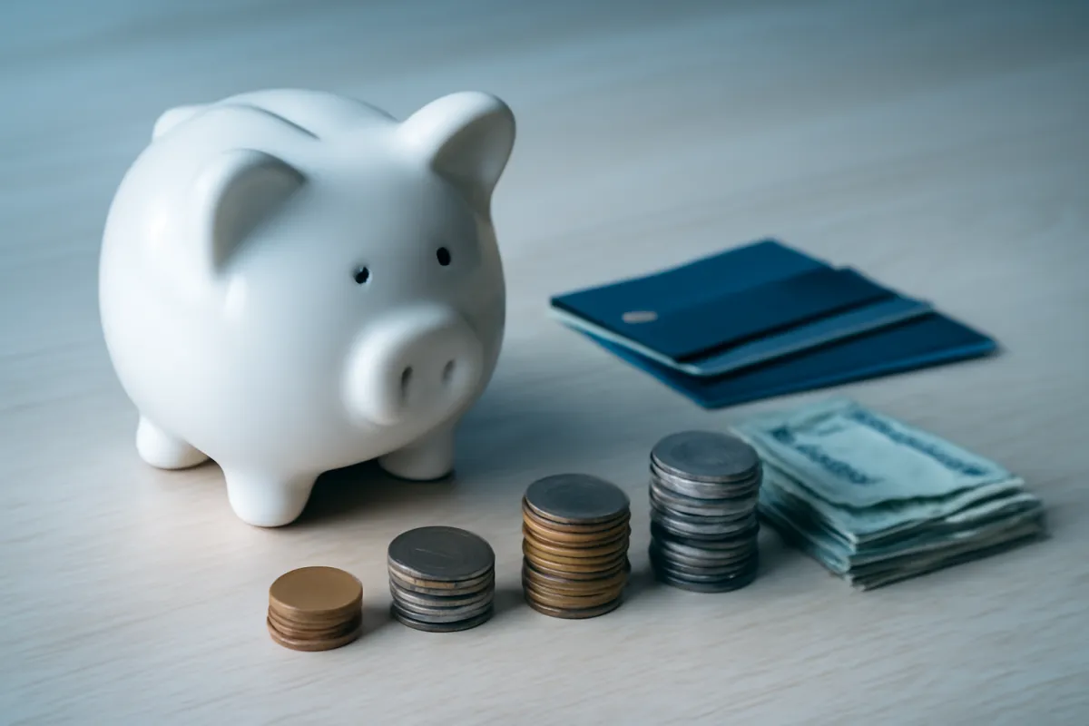 A piggy bank beside sorted coin stacks, bank cards, and a folded stack of cash, standing in for money held in two separate retirement accounts