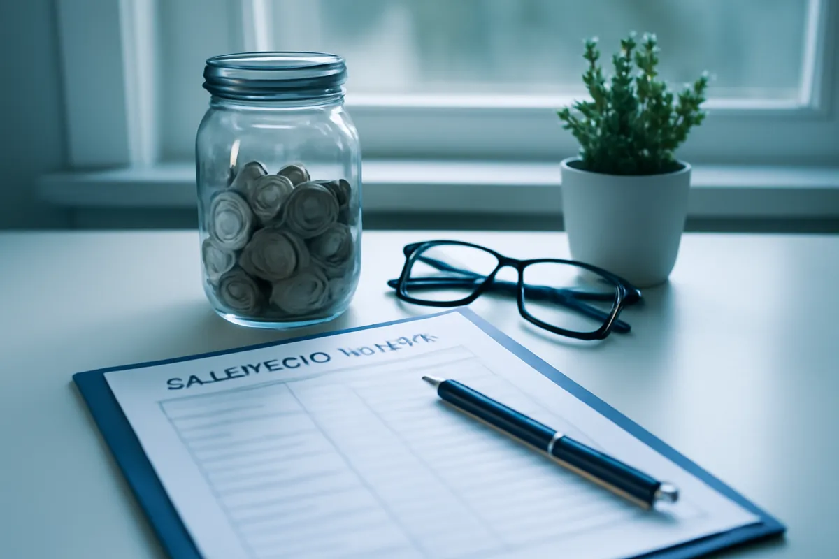 A tidy household budget scene with a coin jar, reading glasses, and a small plant on a sunlit desk