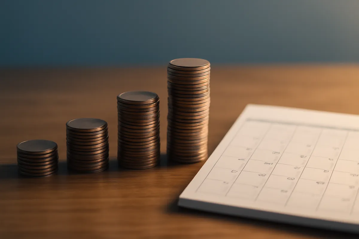 A growing stack of coins beside a monthly calendar showing a savings balance building over time