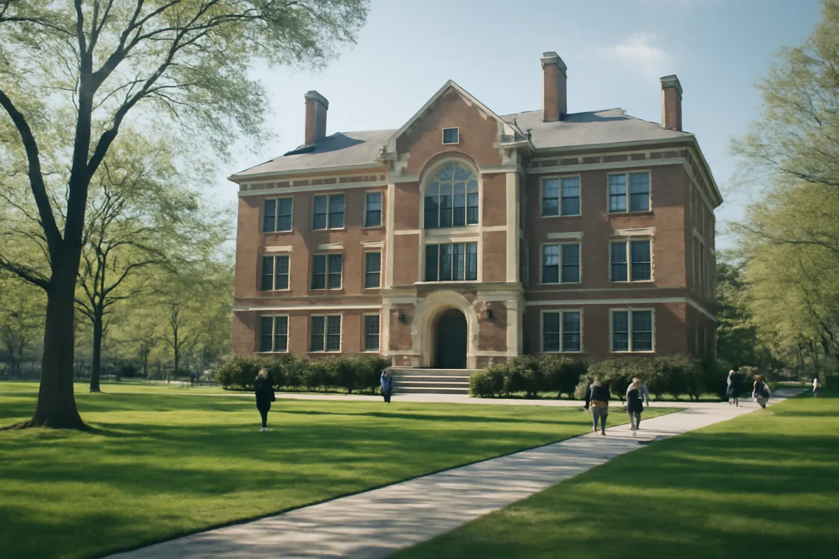 A sunny college campus quad with a brick academic building and green lawn