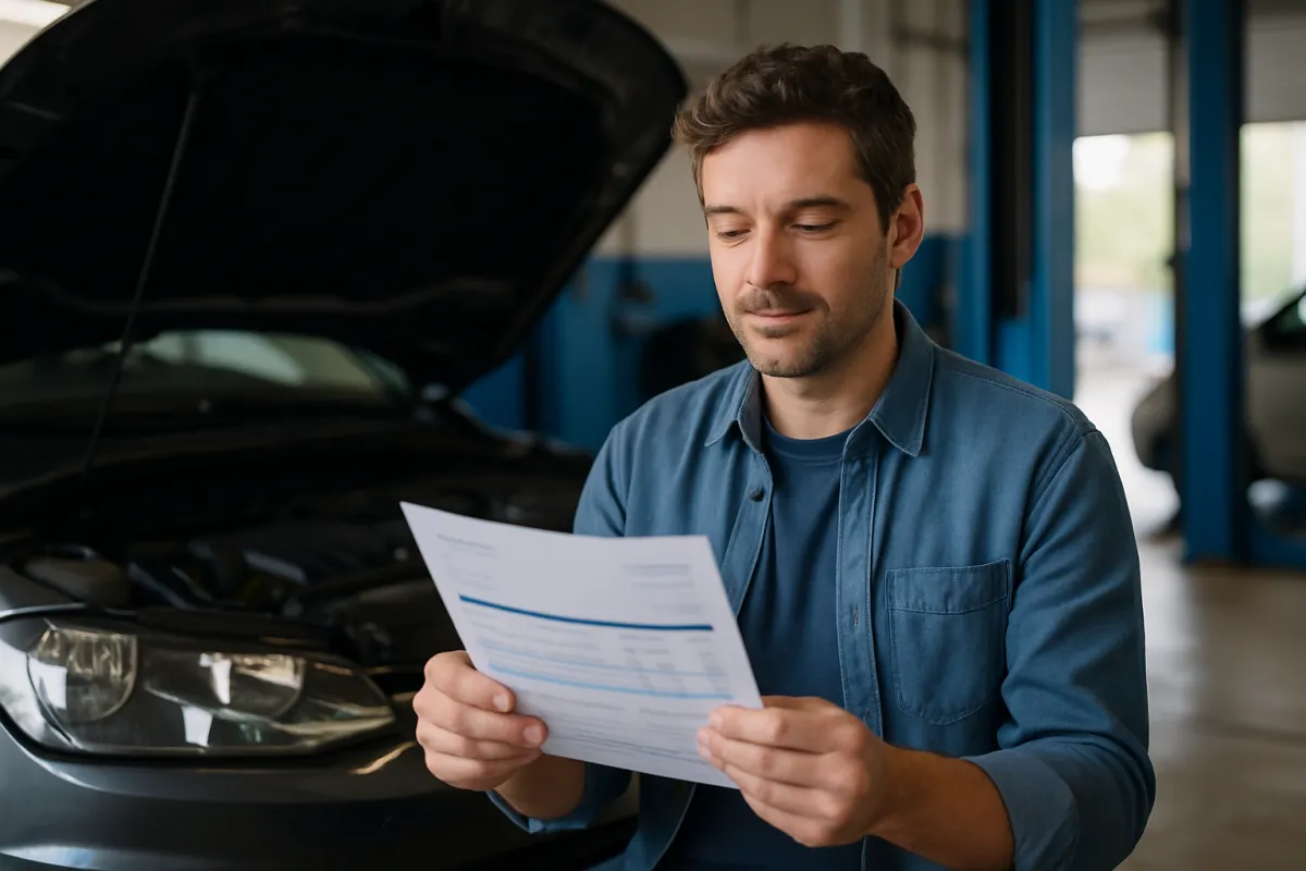 A person calmly reading a repair invoice beside a car with its hood raised in a service bay