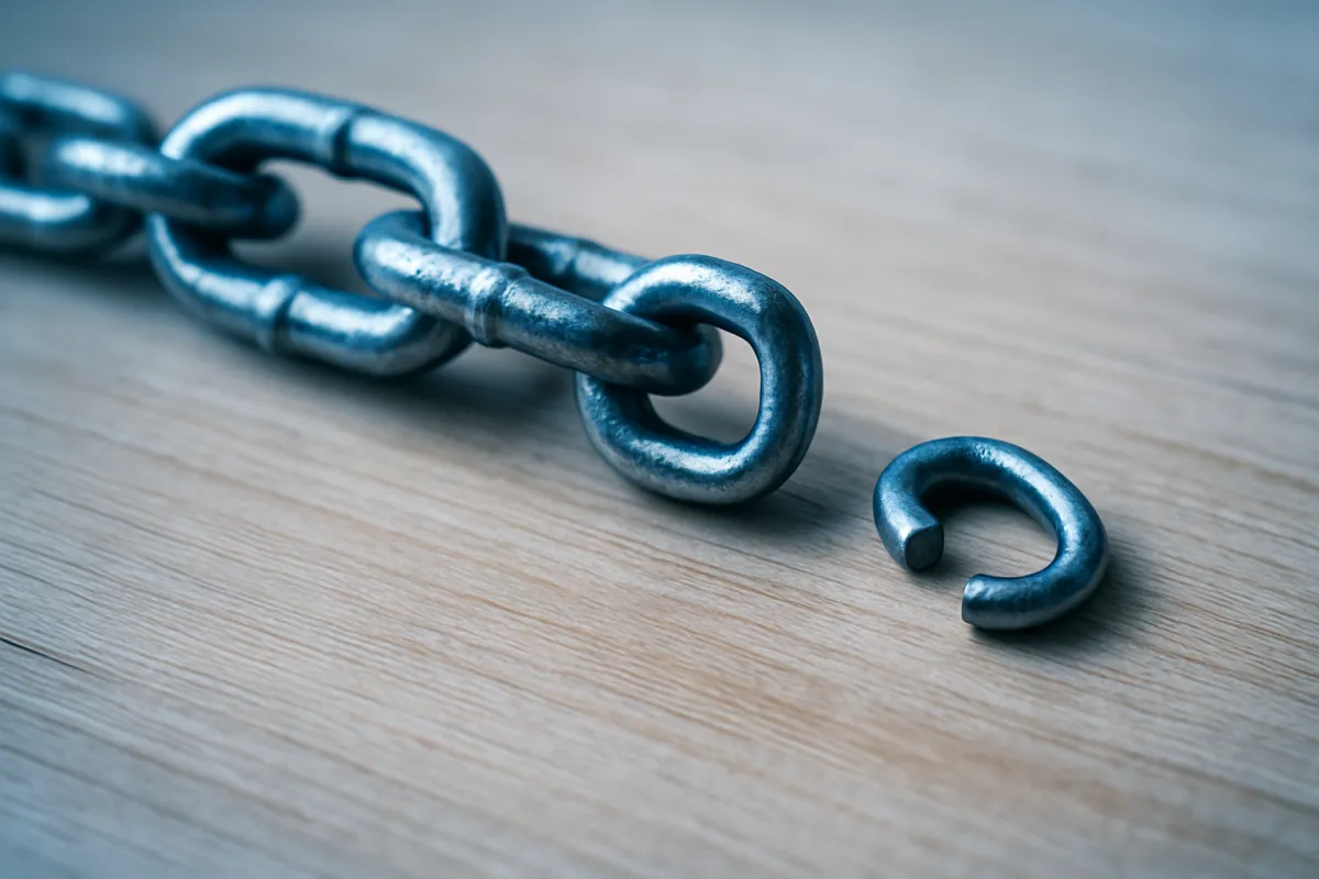 A metal chain on a wooden surface with one link separated from the line, suggesting a 401(k) loan cut loose from payroll repayment at separation