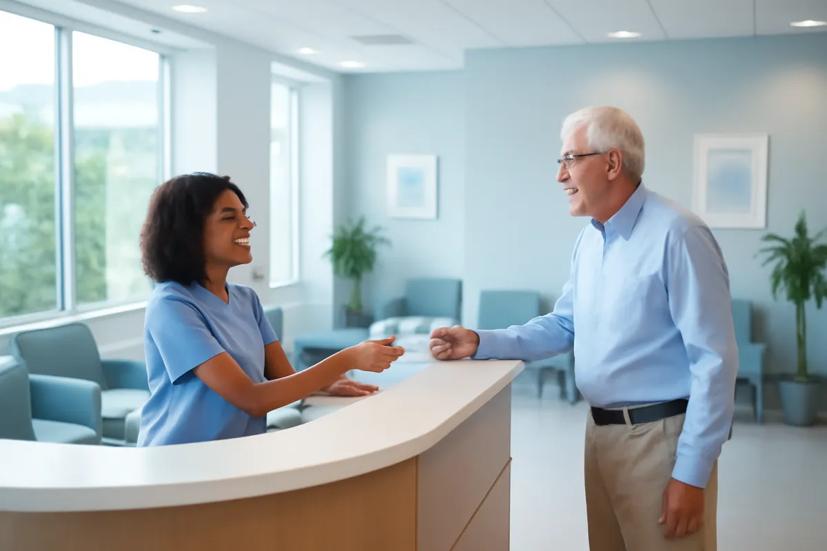 Two people talking across a curved reception counter in a bright room with pale blue walls, upholstered chairs, and large windows