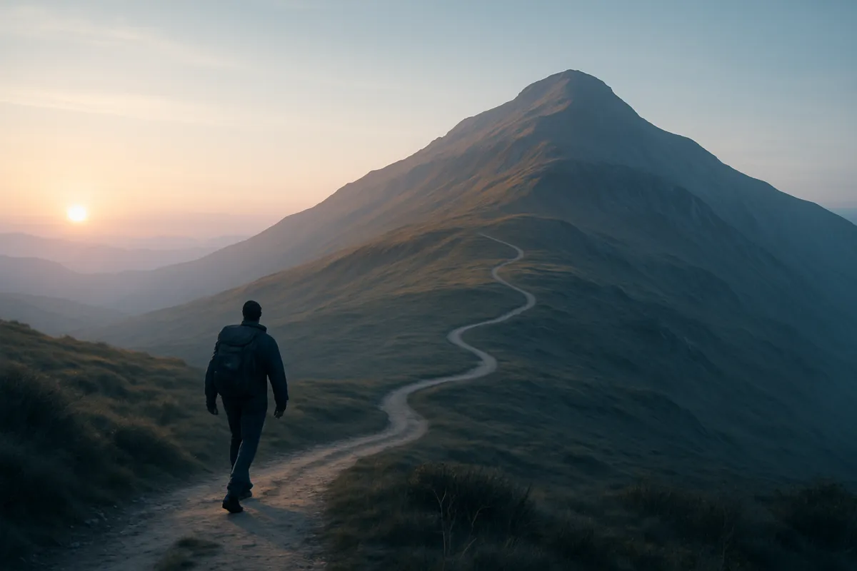 A lone hiker climbing a winding mountain trail toward a distant summit at sunrise