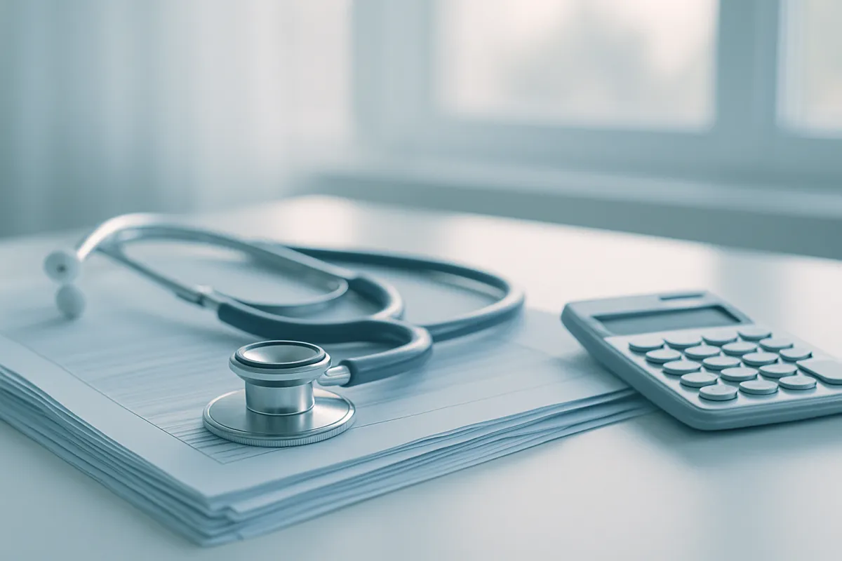 A stethoscope resting on a stack of paperwork beside a calculator in cool light, the healthcare and nonprofit world where 403(b) plans live