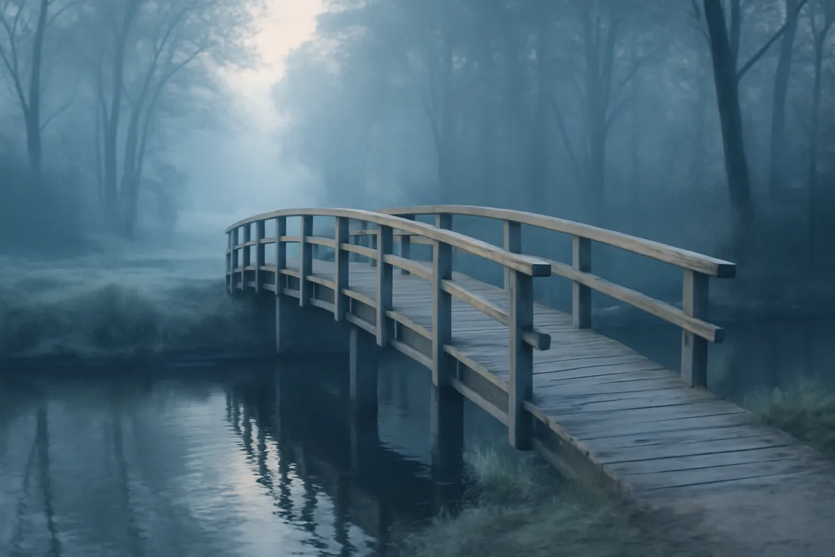 A wooden footbridge crossing calm water in misty light, the crossing an old 401(k) makes after a job change