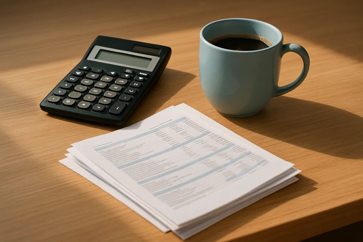 A calculator, a coffee cup, and a stack of printed statements on a sunlit wooden desk, the paperwork side of planning retirement contributions