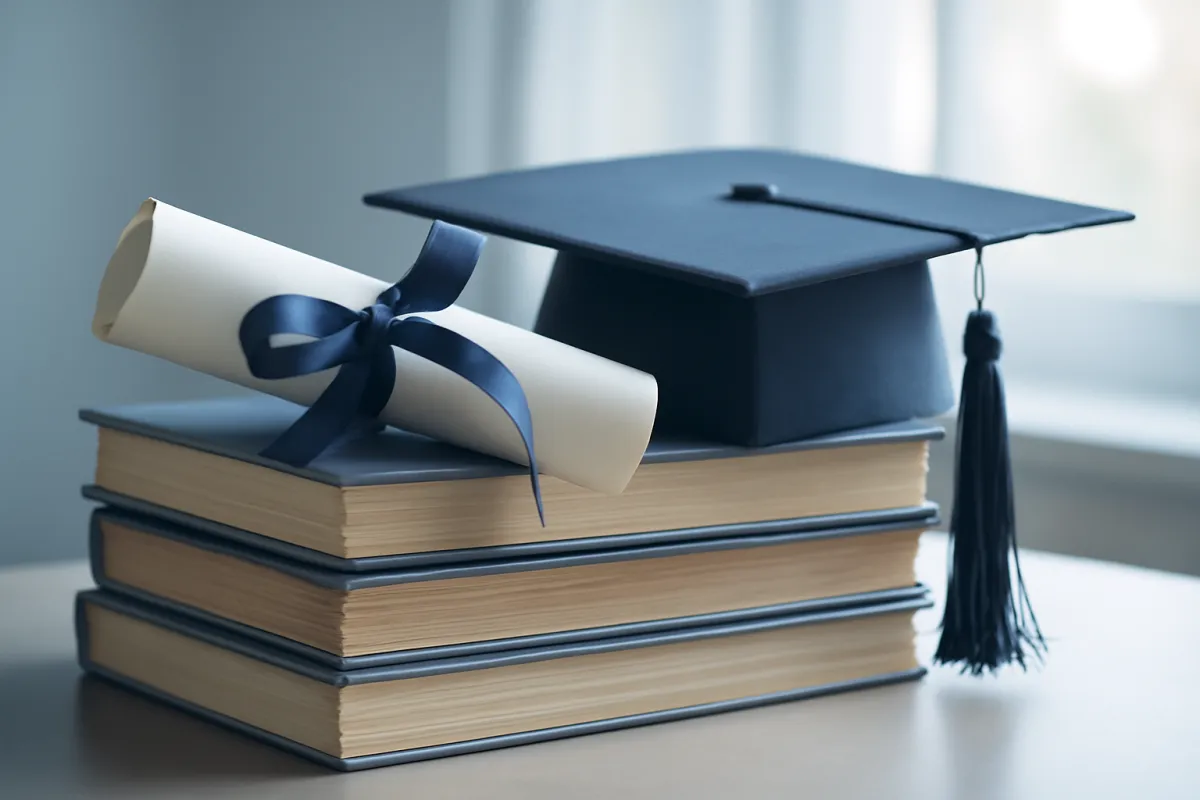 A rolled diploma tied with ribbon on a stack of books beside a graduation cap