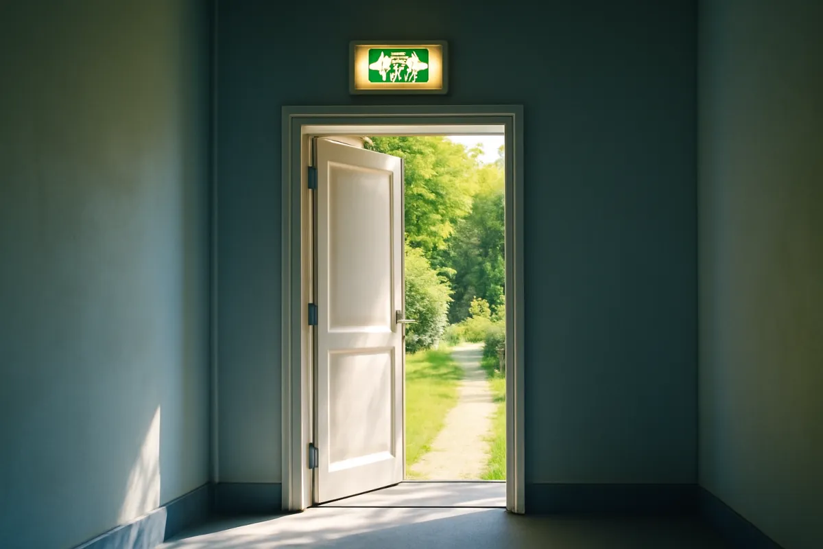 A softly lit exit door ajar at the end of a quiet corridor, suggesting the choice to claim benefits early