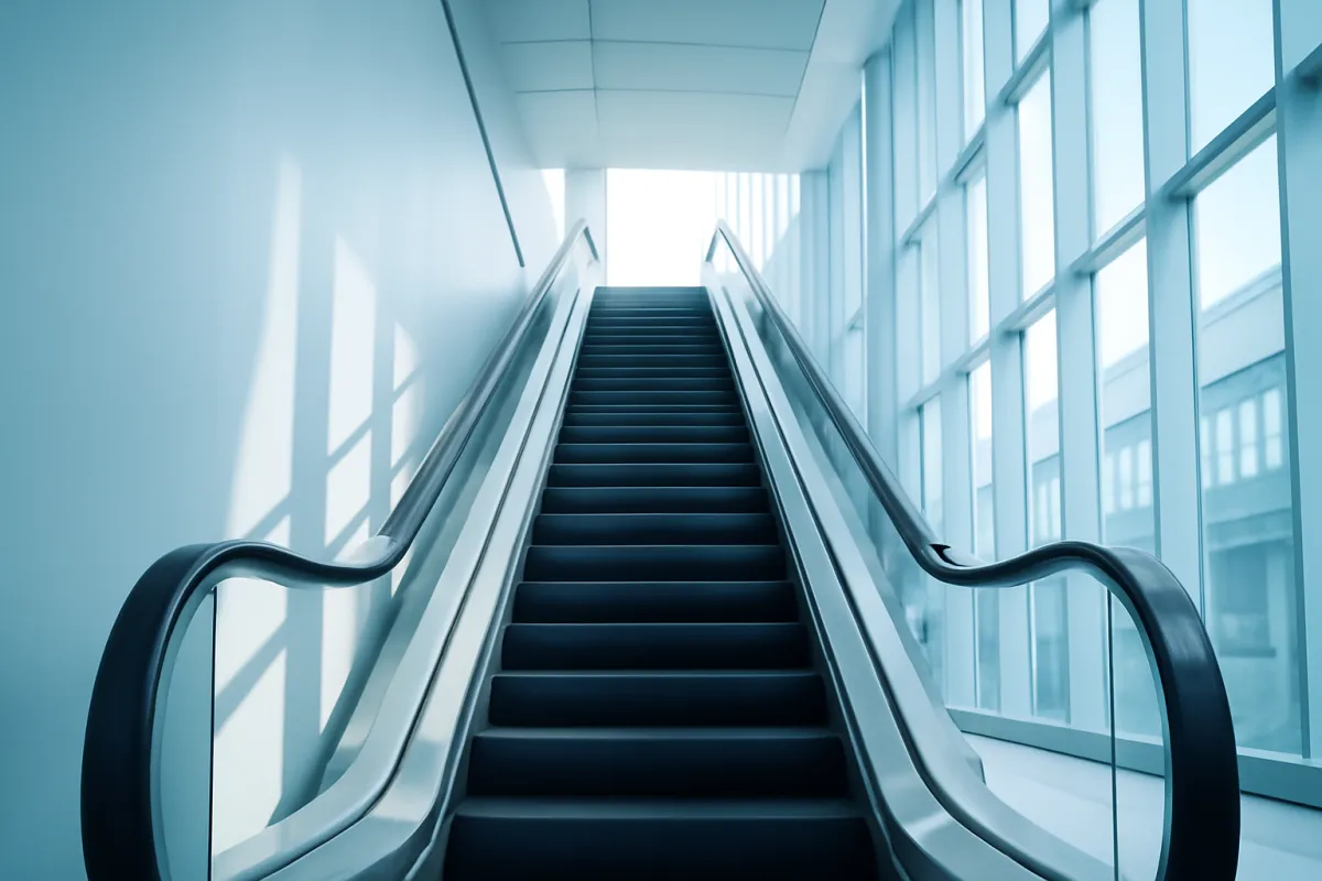 An upward escalator in a bright modern building, suggesting the slow, steady rise in prices that inflation describes