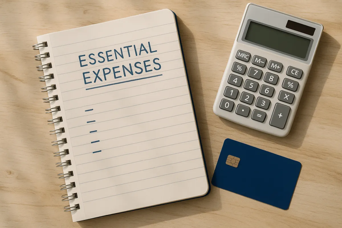 A monthly essential-expenses list in a notebook beside a calculator