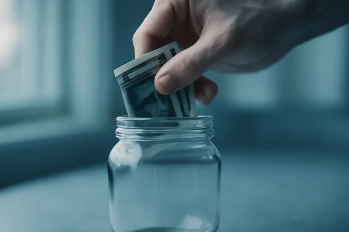 A hand lowering a small fold of banknotes into the mouth of an empty glass jar on a pale surface