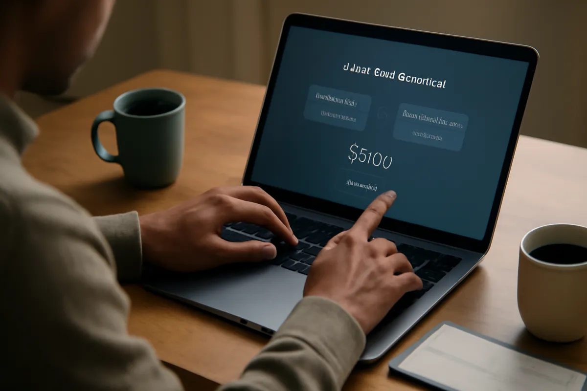 A person funding an investment account on a laptop at a bright desk, suggesting opening and contributing to a retirement plan