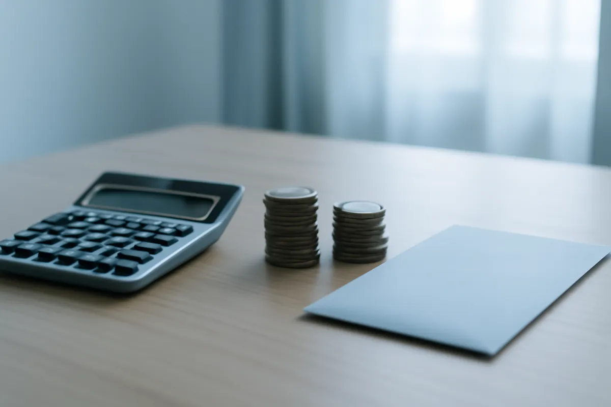 A tidy desk with a calculator and stacked coins arranged in two separate groups beside a plain envelope