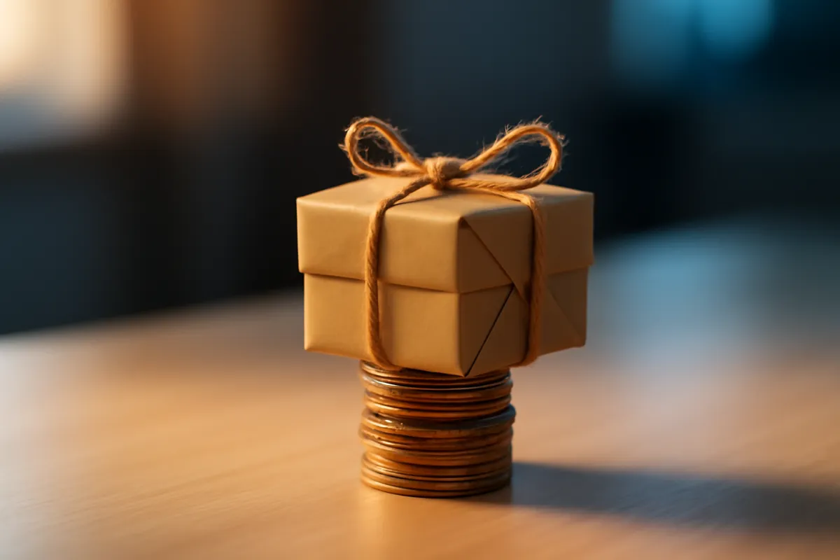 A small parcel wrapped in brown paper and twine resting on a short stack of coins