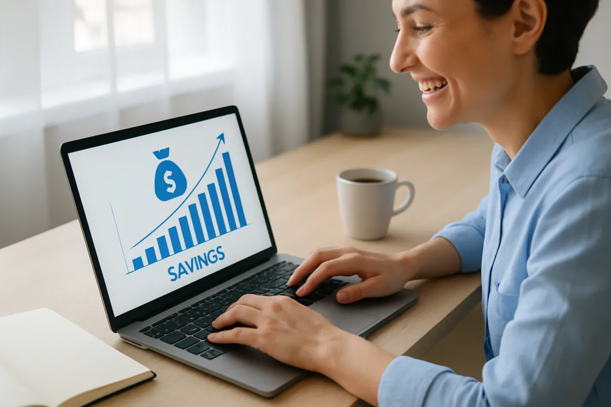 A person reviewing a rising savings growth chart on a laptop, suggesting employer matching deposits compounding over a long career