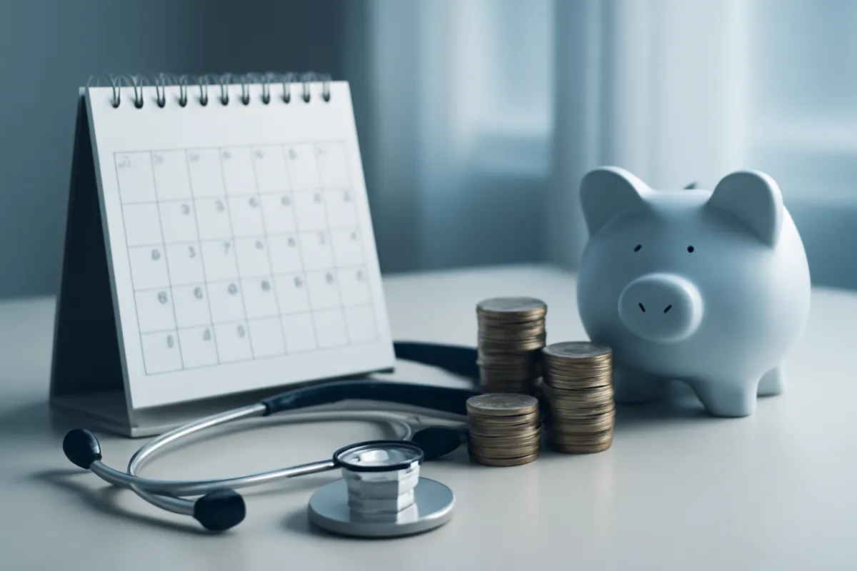 A desk calendar, a stethoscope, stacked coins, and a piggy bank arranged together on a light surface in cool light