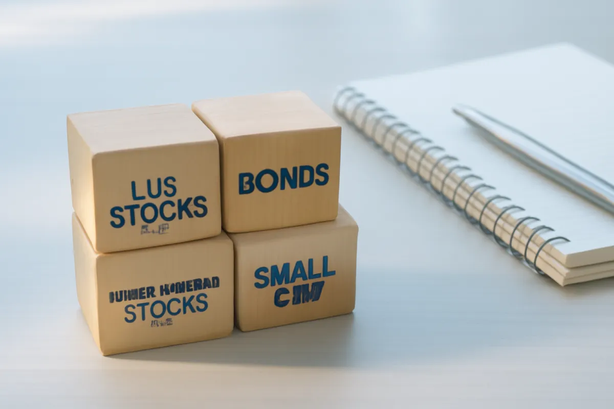 A simple set of index fund building blocks arranged neatly on a light desk beside a notebook and pen