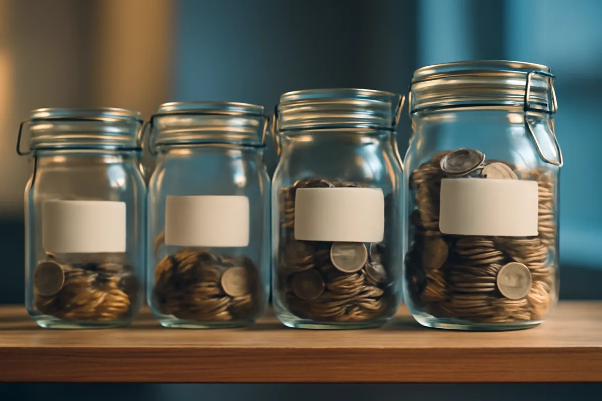 Several labeled glass savings jars in a row on a shelf, each holding a different amount of coins, suggesting the different types of retirement accounts