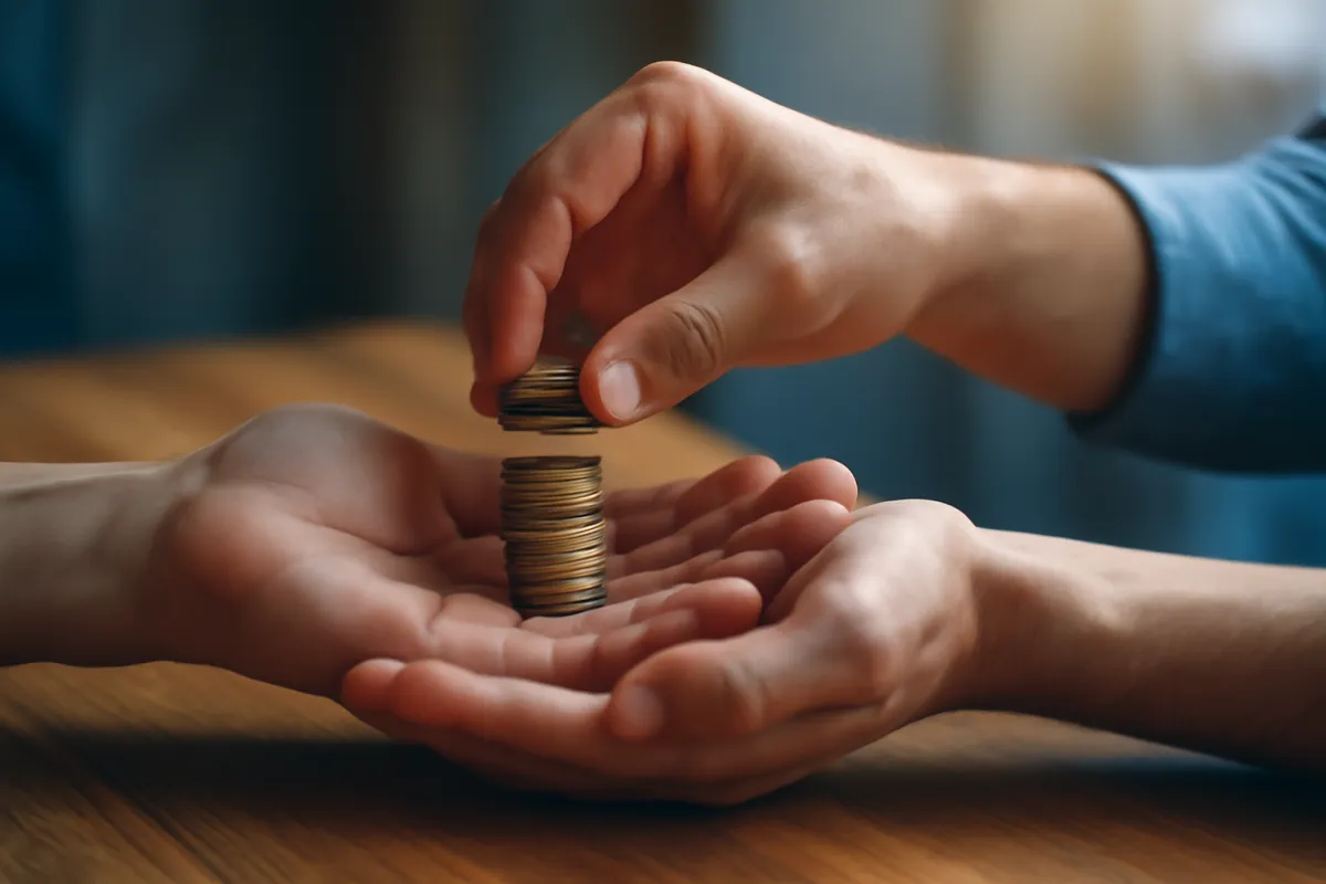 Two open hands receiving a small stack of coins over a wooden table in warm light, suggesting an employer adding matching money to an employee's retirement savings