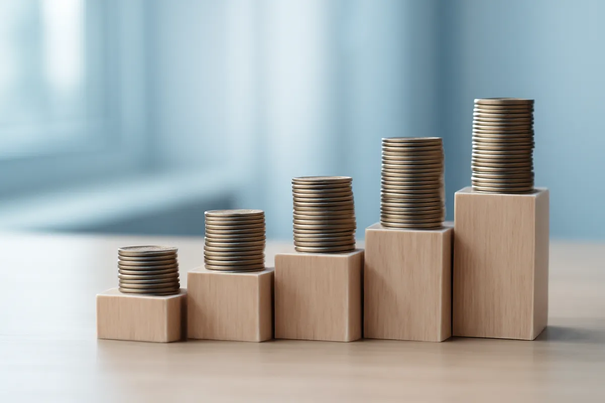 Rising wooden blocks each topped with a taller stack of coins, showing savings growing step by step toward a goal