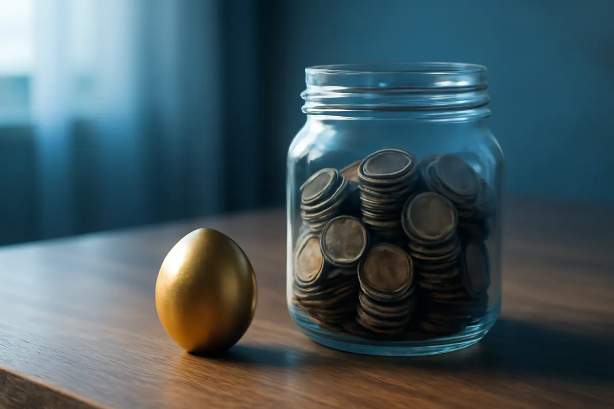 A glass jar of coins beside a small golden egg on a wooden desk in soft light
