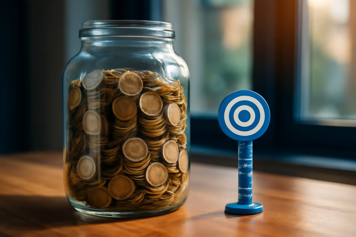 A large glass jar packed with coins beside a small blue and white bullseye target on a stand, on a wooden table near a window