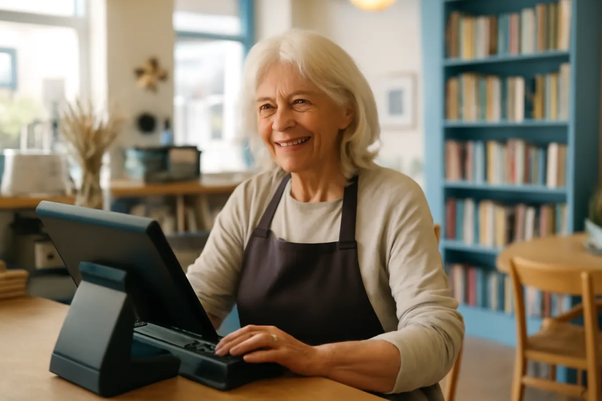 An older worker engaged in light part-time work at a bright counter, suggesting earning income while receiving benefits
