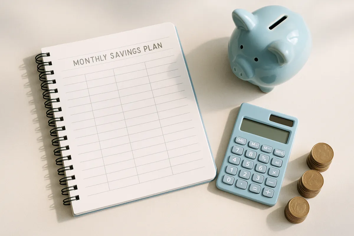 A savings plan notebook with a calculator, a piggy bank, and stacked coins